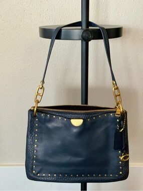 Coach Navy Leather Shoulder Bag with Gold Hardware and Studs